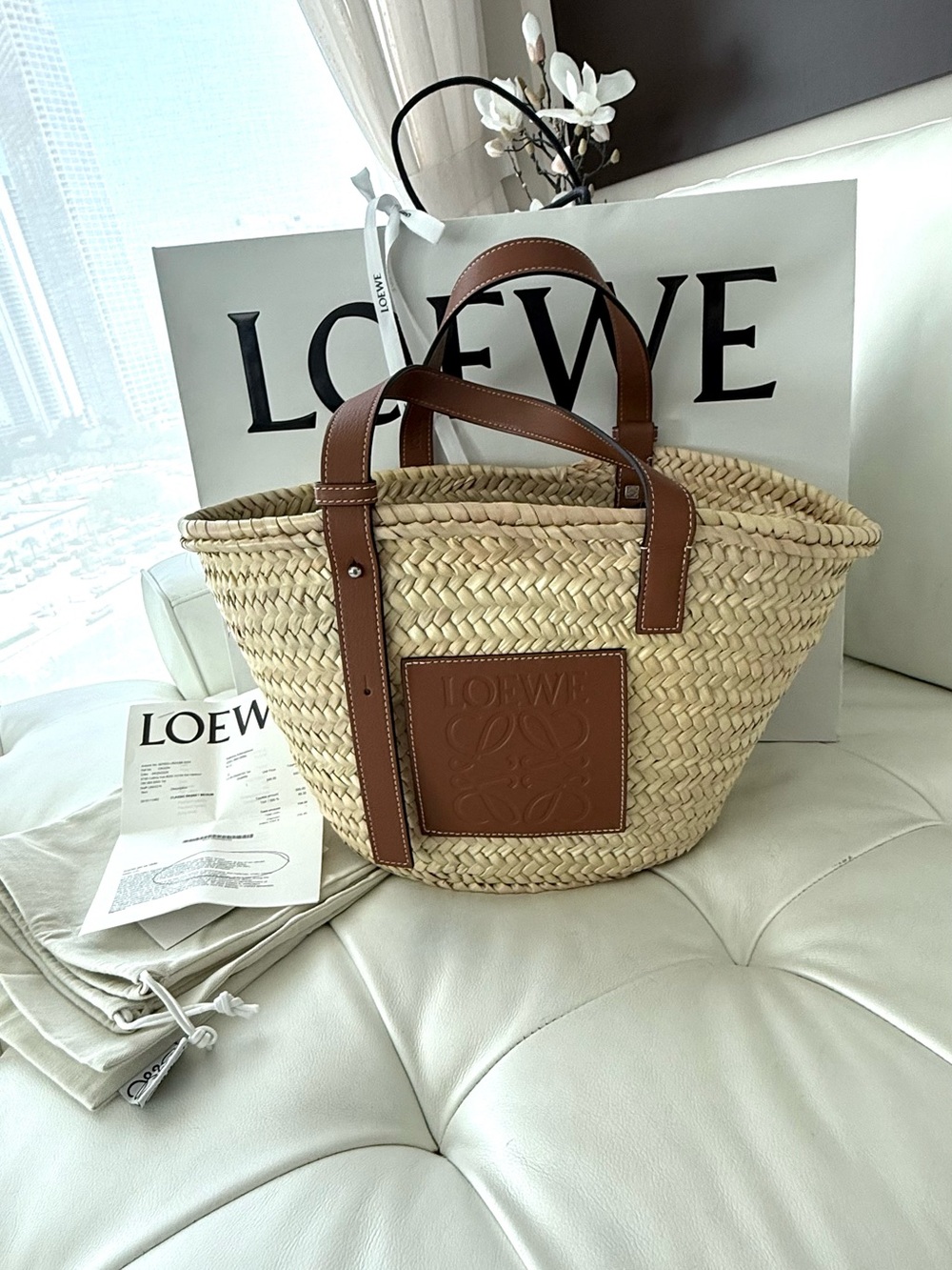 Loewe Medium Natural Straw Tote with Brown Leather  NWT
